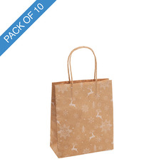 Christmas Kraft Bags - Kraft Paper Bag Reindeer Small Brown Pk10 (180Wx85Gx215mmH)