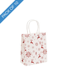 Christmas Kraft Bags - Kraft Paper Bag Reindeer Small White Pk10 (180Wx85Gx215mmH)