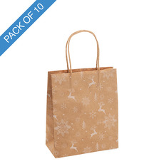 Christmas Kraft Bags - Kraft Paper Bag Reindeer Med Brown Pk10 (205Wx110Gx275mmH)