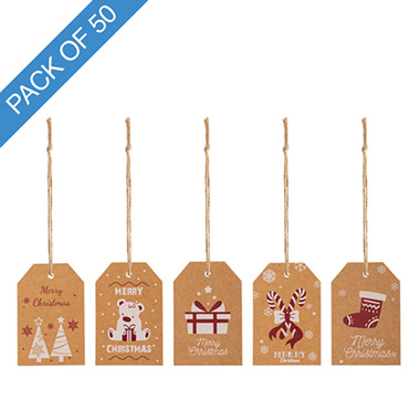 Gift Tags & Labels - Christmas Gift Tags 5 Classic Designs Pk50 Kraft (4.5x7cmH)