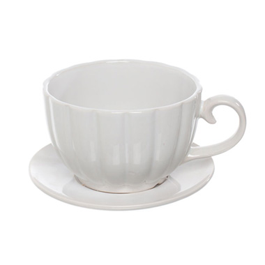 Large Flower Pots & Planters - Ceramic Tea Cup Pot Saucer Drainage Hole White (17.5Dx13cmH)
