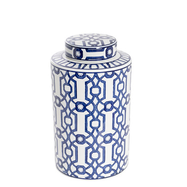 Trend Ceramic Pots - Geometric Orient Porcelain Jar Large White & Blue (17x29cmH)