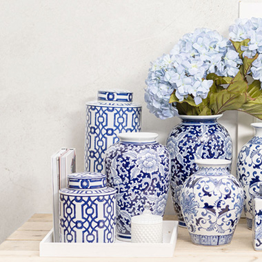 Geometric Orient Porcelain Jar Large White & Blue (17x29cmH)