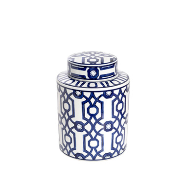 Geometric Orient Porcelain Jar White & Blue (15x20mH)
