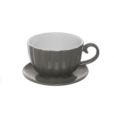Large Flower Pots & Planters - Ceramic Tea Cup Pot Saucer Drain Hole Charcoal (15Dx10cmH)
