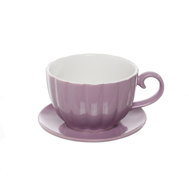 Large Flower Pots & Planters - Ceramic Tea Cup Pot Saucer Drain Hole Lavender (15Dx10cmH)