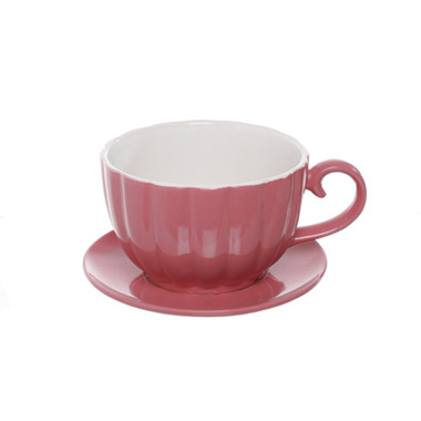 Large Flower Pots & Planters - Ceramic Tea Cup Pot Saucer Drainage Hole Pink (15TDx10cmH)