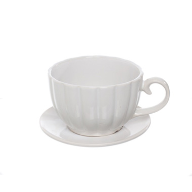 Large Flower Pots & Planters - Ceramic Tea Cup Pot Saucer Drainage Hole White (15Dx10cmH)