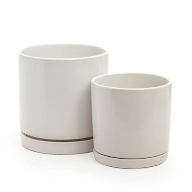 Ceramic Loreto Plant Pot & Plate White Set 2 (18Dx18.5cmH)