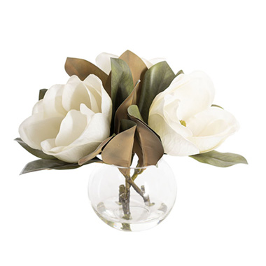 Artificial Flower Arrangements - Vase Arrangement Magnolia 3 Stem 3D Real Touch White (30cmH)