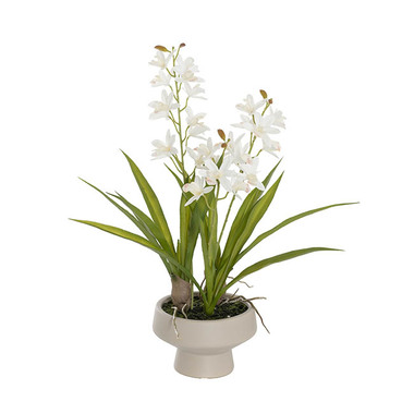 Real Touch Potted Orchid - Real Touch Cymbidium Orchid 3 Stem Potted White (47cmH)