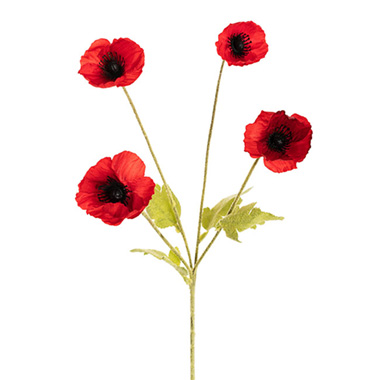 Poppy Spray 4x Flowers Black Centre Red (58cmH)