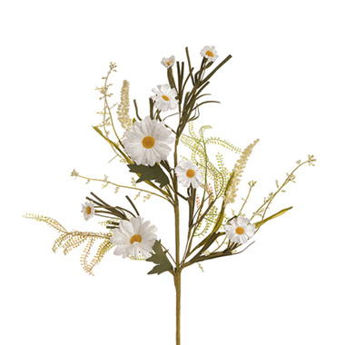 Artificial Daisies - Daisy & Field Leaves Spray White (50cmH)