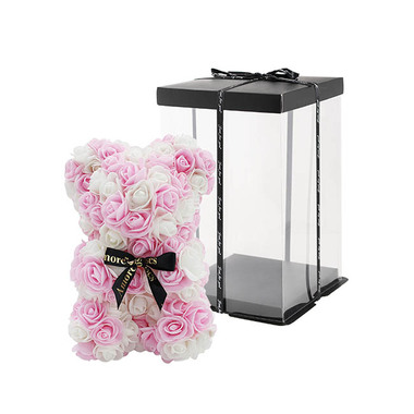 Rose Bears - Amore Rose Bear w Black Bow Pink & White (25cmH)