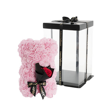 Rose Bears - Amore Rose Bear w Rose Bouquet Black Bow Soft Pink (25cmH)