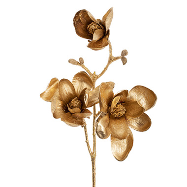Artificial Metallic Flowers - Magnolia Spray x 3 Head Metallic Gold (66cmH)