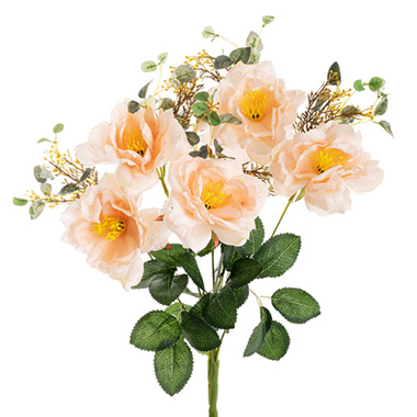 Artificial Roses - Camellia Bouquet x 5 Open Head Soft Peach (11.5cmDx49.5cmH)