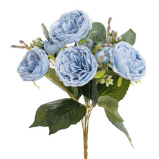 Artificial Rose Bouquets - English Rose 7 Head Bouquet Soft French Blue (38cmH)