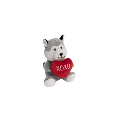 Dog Soft Toys - Husky Dog Holding Heart Grey (14cmST)