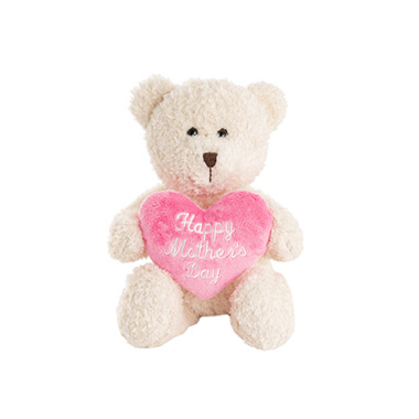 Brady Teddy Bear w Happy Mothers Day Heart White (20cmST)