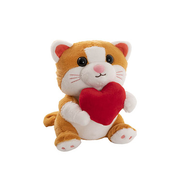 Valentines Day Soft Toys - Cat Whiskers Plush Soft Toy w Red Heart Brown (20cm.ST)