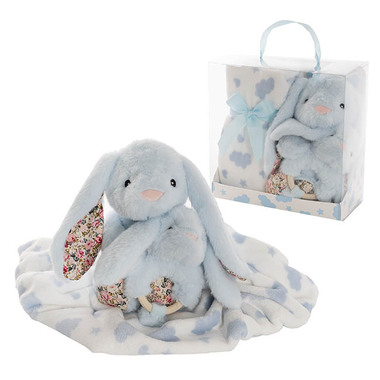 Baby Gift Sets - Bunny Flora, Rattle & Blanket Gift Pack Soft Blue (25cmH)