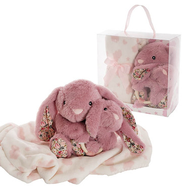 Baby Gift Sets - Bunny Flora, Rattle & Blanket Gift Pack Dusty Pink (25cmH)