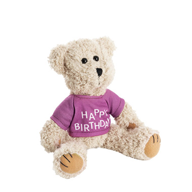 Teddy Bear Message Happy Birthday Purple T Shirt (20cmH)
