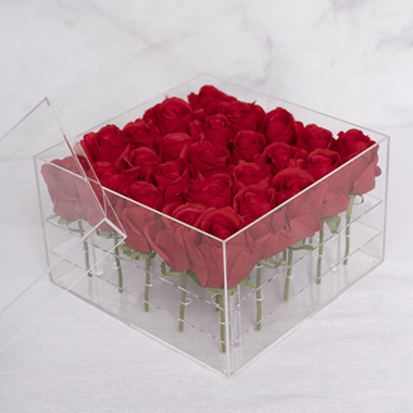 Acrylic Rose Head Boxes - Acrylic 25 Rose Head Display Box with Lid (25x25x15cmH)