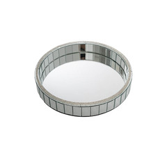 Bevelled Edge Mirror Strip Round Tray Silver (30cmDx5cmH)