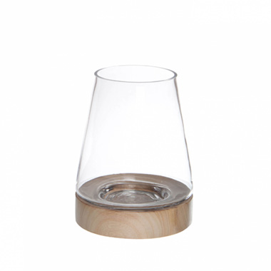 Hurricane Glass Vases - Glass Hurricane Natural Wood Base Clear (12Dx14Bx23cmH)