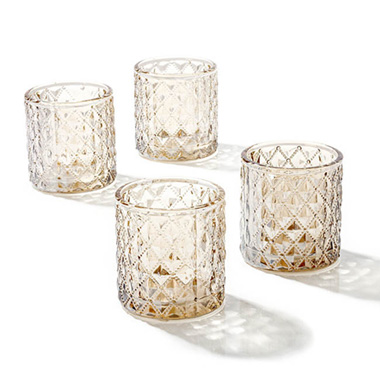 Tealight Candle Holders - Glass Votive Candle Holder Diamond Cylinder Silver 7x7.5cmH
