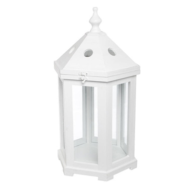 Candle Lanterns - Lantern Wooden Tudor Round White (25x29x50cmH)
