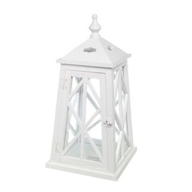 Lantern Wooden Tudor Pyramid White (25x25x50cmH)