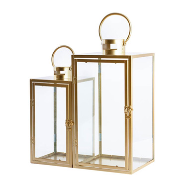 Candle Lanterns - Chrome Metal Lantern Set 2 Gold (22x21x54cmH)