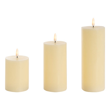 LED Pillar Candles - Wax LED Trueflame Pillar Candle Set 3 Cream (7.5X10/15/20cm)