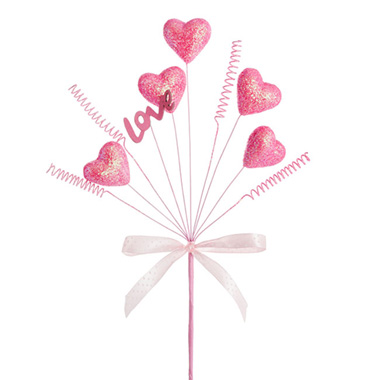 Valentines Floral Picks - Love Heart Pick x 5 Heads Pink (45cmH)