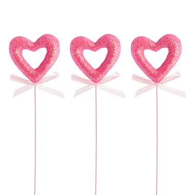 Valentines Floral Picks - Love Heart Pick Pack 3 Pink (38cmH)