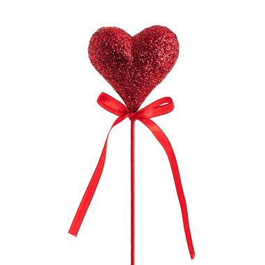 Valentines Floral Picks - Love Heart Glitter Pick Pack 4 Red (30cmH)