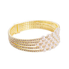 Corsage Wristlet - Corsage Wrist Bracelet Pearl & Diamante Gold (5.5cmDx2cmH)