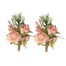 Artificial Corsages & Boutonnieres - Rose Boutonniere Pack 2 Soft Pink (13cmH)
