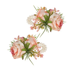 Artificial Corsages & Boutonnieres - Rose Corsage w Pearl Wrist Bracelet Pack 2 Pink (12cmH)