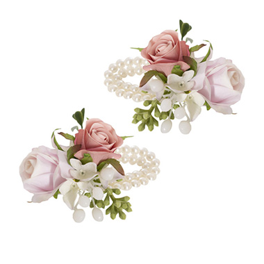 Artificial Corsages & Boutonnieres - Rose & Hydrangea Pearl Wrist Bracelet Pack 2 Lilac (12cmH)