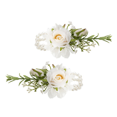 Gift AF - Artificial Corsages & Boutonnieres - Rose Corsage Pearl Wrist Bracelet Pack 2 Cream Beige (12cmH)