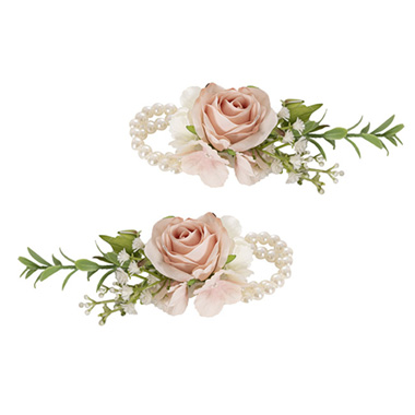 Artificial Corsages & Boutonnieres - Rose Corsage Pearl Wrist Bracelet Pack 2 Pink Cream (12cmH)