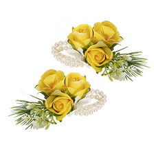 Artificial Corsages & Boutonnieres - Rose Corsage Pearl Bracelet Pack 2 Yellow (12cmH)