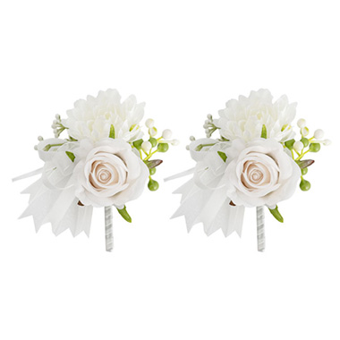 Corsages & Boutonnieres - Mixed Flower Boutonniere Pack 2 White (13cmH)