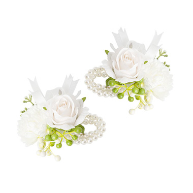 Corsages & Boutonnieres - Mixed Flower Pearl Corsage Bracelet Pack 2 White (12cmH)