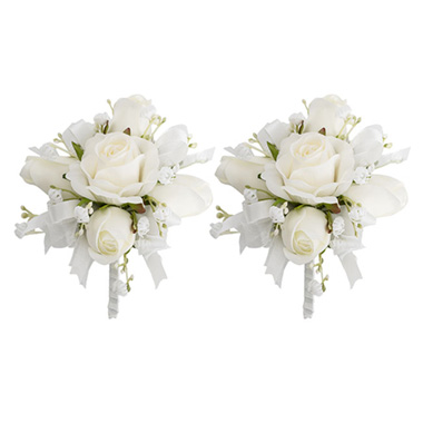 Corsages & Boutonnieres - Rose & Ribbon Boutonniere Pack 2 White (13cmH)