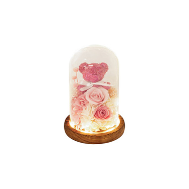 Dried & Preserved Roses - Preserved Rose Bear Hydrangea LED Cloche Soft Pink(12x20cmH)